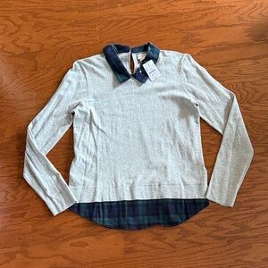 J. Crew Factory Gray Sweater with Plaid  Collar